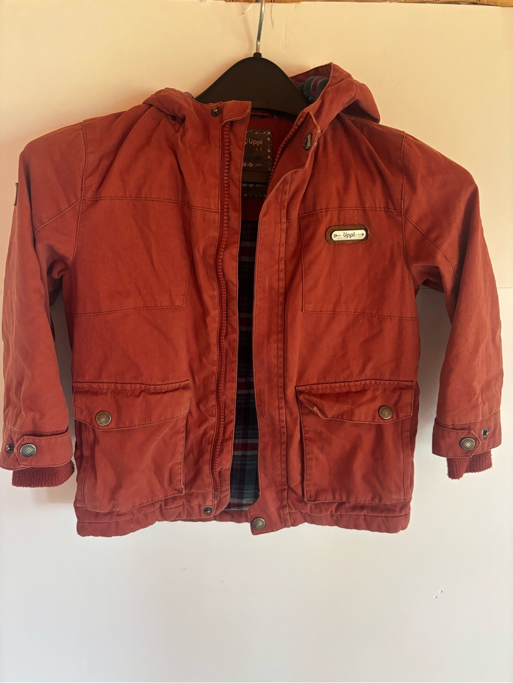 Uppi Boys Red Canvas Parka Jacket 3T Hooded Zip Front Pockets Long Sleeve